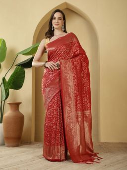 MEENA BAZAAR - Woven Red Crepe Saree with Unstitched Blouse