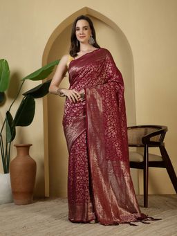 MEENA BAZAAR - Wine Woven Crepe Saree with Unstitched Blouse