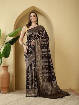 MEENA BAZAAR - Black Woven Crepe Saree with Unstitched Blouse