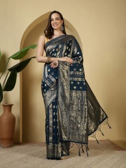 MEENA BAZAAR - Blue Woven Crepe Saree with Unstitched Blouse