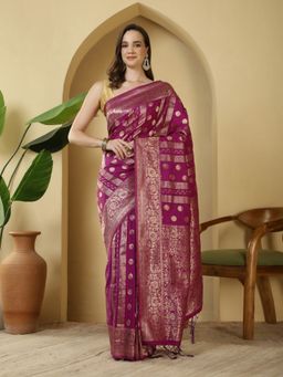 MEENA BAZAAR - Woven Purple Crepe Saree with Unstitched Blouse