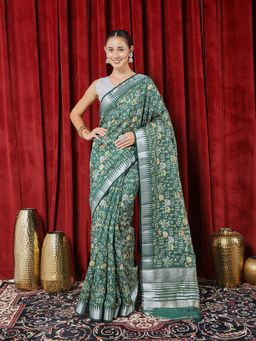MEENA BAZAAR - Woven Green Silk Saree with Unstitched Blouse