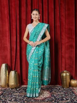 MEENA BAZAAR - Woven Green Silk Saree with Unstitched Blouse