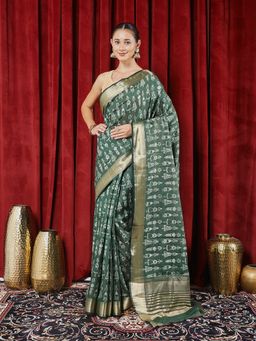 MEENA BAZAAR - Woven Green Silk Saree with Unstitched Blouse