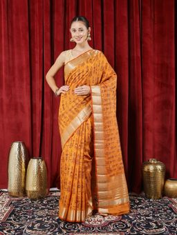 MEENA BAZAAR - Woven Orange Art Silk Saree with Unstitched Blouse