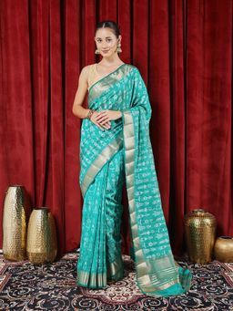MEENA BAZAAR - Woven Green Silk Saree with Unstitched Blouse