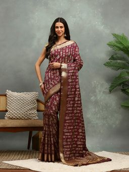 MEENA BAZAAR - Woven Wine Art Silk Saree with Unstitched Blouse