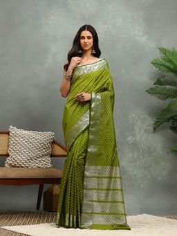 MEENA BAZAAR - Green Woven Silk Saree with Unstitched Blouse