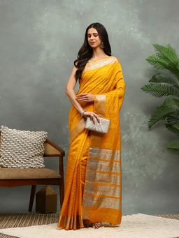 MEENA BAZAAR - Woven Orange Art Silk Saree with Unstitched Blouse
