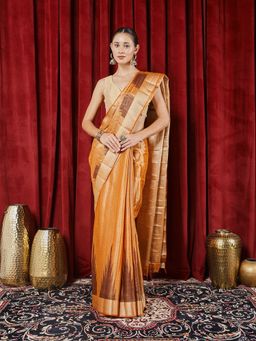 MEENA BAZAAR - Woven Orange Art Silk Saree with Unstitched Blouse