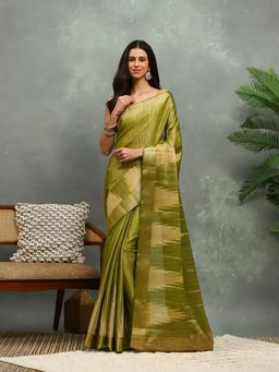 MEENA BAZAAR - Green Woven Silk Saree with Unstitched Blouse