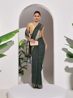 MEENA BAZAAR - Woven Silk Green Saree with Unstitched Blouse