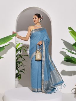 MEENA BAZAAR - Woven Art Silk Blue Saree with Unstitched Blouse