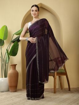 MEENA BAZAAR - Embroidered Purple Satin Saree with Unstitched Blouse