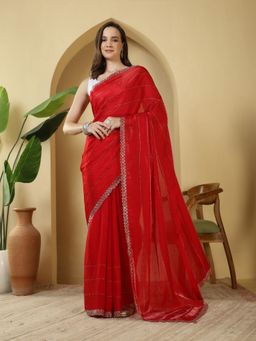 MEENA BAZAAR - Embroidered Red Satin Saree with Unstitched Blouse
