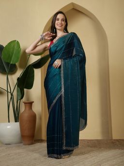 MEENA BAZAAR - Embroidered Blue Satin Saree with Unstitched Blouse