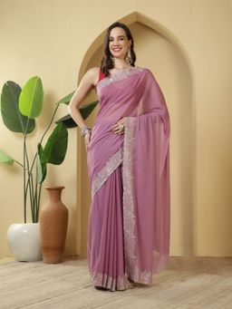 MEENA BAZAAR - Embroidered Lavender Georgette Saree with Unstitched Blouse