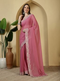 MEENA BAZAAR - Embroidered Pink Georgette Saree with Unstitched Blouse