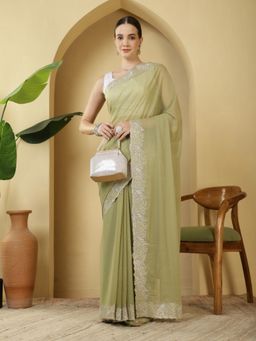 MEENA BAZAAR - Embroidered Green Georgette Saree with Unstitched Blouse