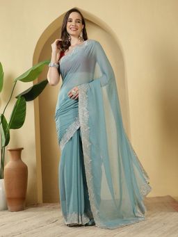 MEENA BAZAAR - Embroidered Green Georgette Saree with Unstitched Blouse