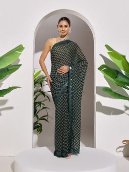 MEENA BAZAAR - Geometric Green Georgette Saree with Unstitched Blouse