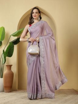 MEENA BAZAAR - Embellished Lavender Chiffon Saree with Unstitched Blouse