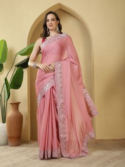 MEENA BAZAAR - Embellished Pink Chiffon Saree with Unstitched Blouse