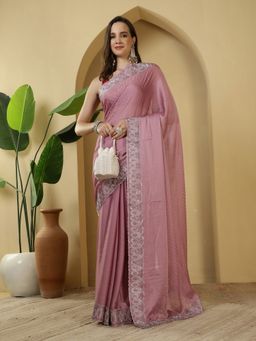 MEENA BAZAAR - Embellished Pink Chiffon Saree with Unstitched Blouse