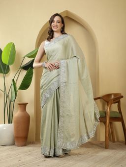 MEENA BAZAAR - Embellished Green Chiffon Saree with Unstitched Blouse