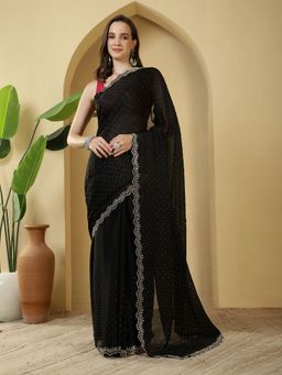 MEENA BAZAAR - Embroidered Black Chiffon Saree with Unstitched Blouse