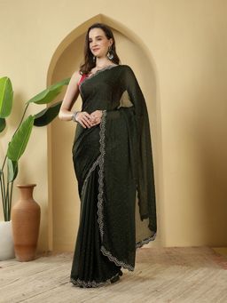 MEENA BAZAAR - Embroidered Green Chiffon Saree with Unstitched Blouse