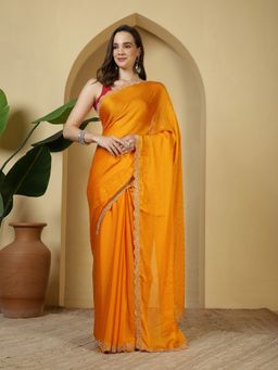 MEENA BAZAAR - Embellished Mustard Chiffon Saree with Unstitched Blouse