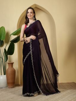 MEENA BAZAAR - Embellished Purple Chiffon Saree with Unstitched Blouse
