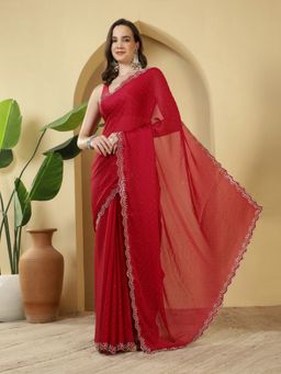 MEENA BAZAAR - Embellished Pink Chiffon Saree with Unstitched Blouse
