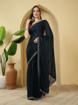 MEENA BAZAAR - Embellished Blue Chiffon Saree with Unstitched Blouse