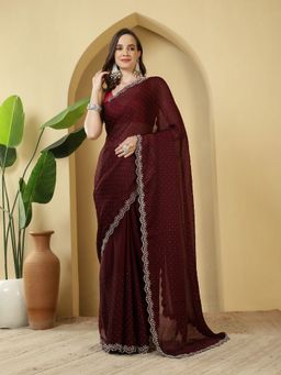 MEENA BAZAAR - Embellished Wine Chiffon Saree with Unstitched Blouse