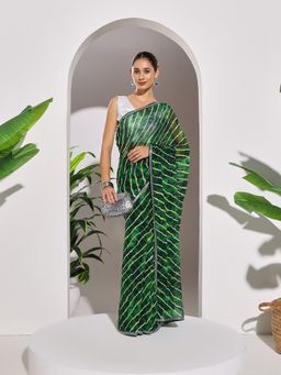 MEENA BAZAAR - Stripes Green Georgette Saree with Unstitched Blouse