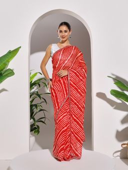 MEENA BAZAAR - Stripes Red Georgette Saree with Unstitched Blouse