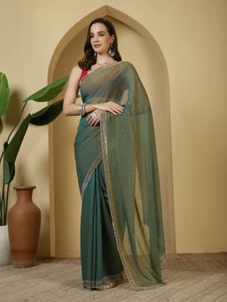 MEENA BAZAAR - Embellished Green Georgette Saree with Unstitched Blouse