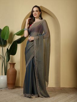 MEENA BAZAAR - Embellished Blue Georgette Saree with Unstitched Blouse