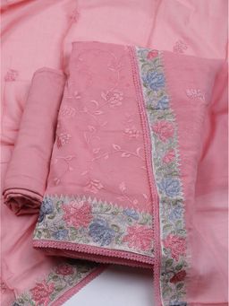 MEENA BAZAAR - Embroidered Pink Chanderi Unstitched Dress Material