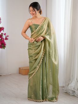 Akhilam - Chiffon Light Green Saree with Unstitched Blouse
