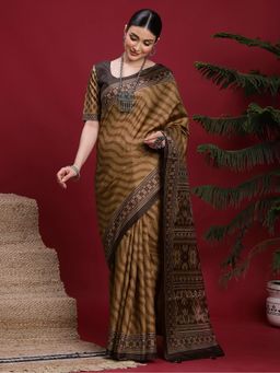 Akhilam - Women Silk Blend Coffee Brown Saree with Unstitched Blouse