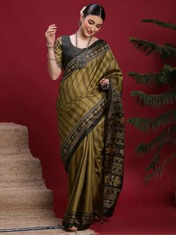 Akhilam - Silk Blend Green Saree with Unstitched Blouse