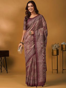 Akhilam - Silk Blend Mauve Printed Saree with Unstitched Blouse