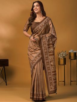 Akhilam - Women Silk Blend Brown Saree with Unstitched Blouse