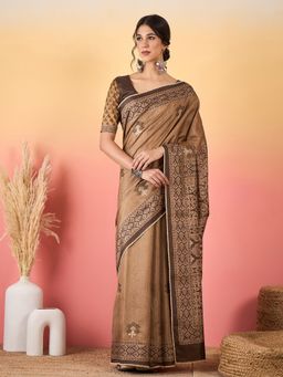 Akhilam - Silk Blend Coffee Brown Saree with Unstitched Blouse