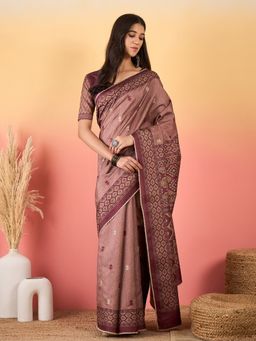 Akhilam - Women Silk Blend Mauve Saree with Unstitched Blouse