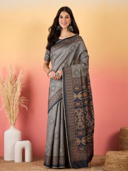 Akhilam - Silk Blend Printed Grey Saree with Unstitched Blouse