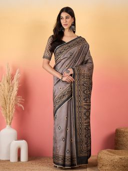 Akhilam - Silk Blend Grey Saree with Unstitched Blouse